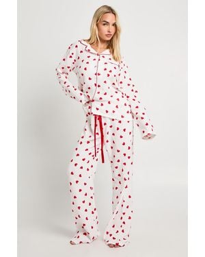 Boohoo Muslin Heart Print Long Sleeve Shirt & Trouser Set - Natural