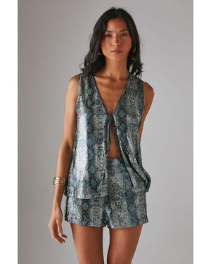 Warehouse Snake Sequin High Waisted Hot Pant Shorts - Green