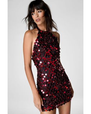 Nasty Gal Disc Sequin Paisley Beaded High Neck Strappy Back Mini Dress - Red