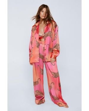 Nasty Gal Satin Leopard 3Pc Shirt Bralette & Trousers Pyjama Set - Red