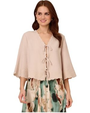 Adrianna Papell V-Neck Open Front Woven Top With Embroidery Scalloped Edge - Natural