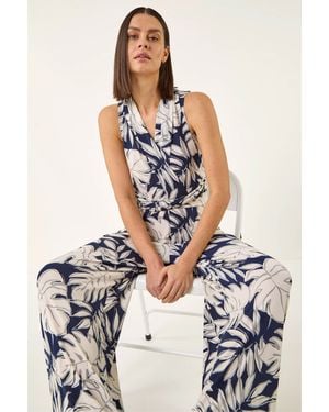 Roman Palm Leaf Print Stretch Jumpsuit - White