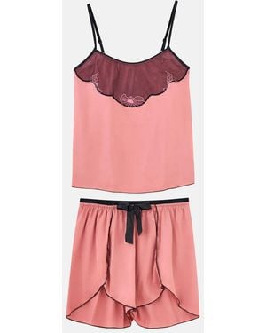 Hiccup Satin High-Waist Pyjama Set With Lace Detail - Red