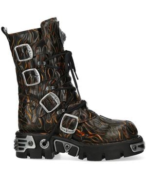 New Rock M-591-C62 Mid-Calf High Flame Leather Metallic Gothic Boots - Black
