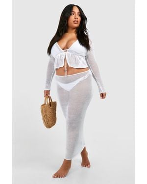 Boohoo Plus Long Sleeve Tie Top And Skirt Beach Co-Ord - White