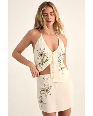 Nasty Gal Western Embroidered Halter Neck Button Down Waistcoat Co-Ord - Natural