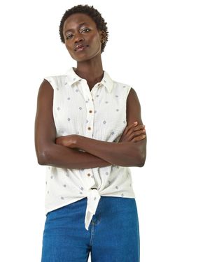 Roman Embroidered Tie Hem Blouse - Blue