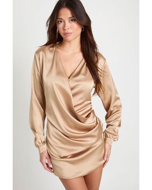 Boohoo Extreme Plunge Wrap Satin Shirt Dress - Natural