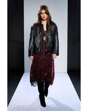 Runway 1.8.1.8 Leather Rose Detail Fringed Jacket - Black