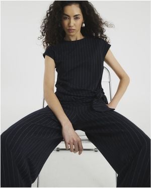 River Island Short Sleeve Pinstripe Tie Detail Top - Black