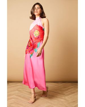 Oasis Placement Print Bias Halterneck Slip Dress - Pink