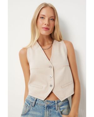 Happiness İstanbul Denim V-Neck Sleeveless Crop Waistcoat - White