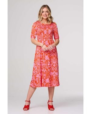 Izabel London Floral Smocked Detail Midi Dress - Red