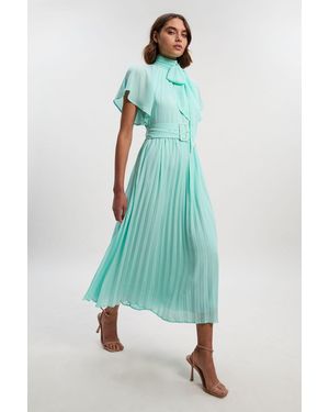 Karen Millen Pussy Bow Tie Georgette Belted Woven Midi Dress - Green
