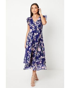 Oasis Petite Ruffle Shoulder Midi Dress - Blue