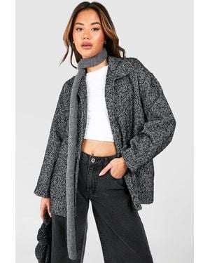 Boohoo Herringbone Belted Wool Look Jacket - Grey