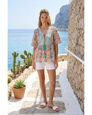 Roman Floral Print Tassel Neck Top - Pink
