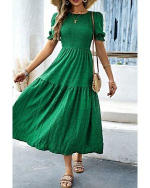 Azura Exchange Smocked Puff Sleeve Midi Dress - Green