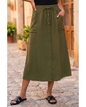 Roman Air Flow Button Front Tie Midi Skirt - Green