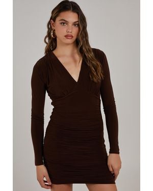 Pink Vanilla V Neck Slinky Long Sleeve Dress - Brown