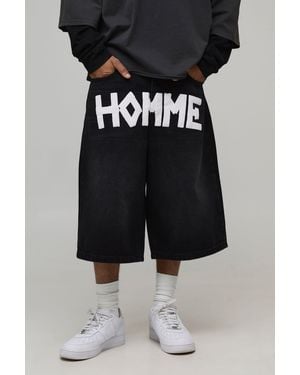 BoohooMAN Tape Effect Crotch Print Longline Denim Jorts - Black