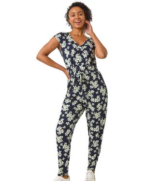 Roman Petite Floral Print Tie Stretch Jumpsuit - Black