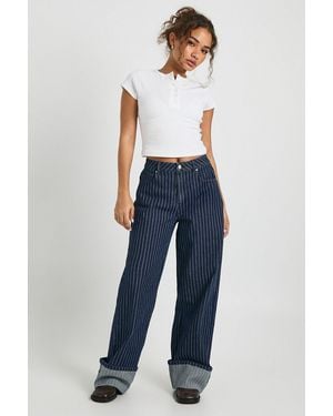 Boohoo High Waist Striped Turn Up Wide Leg Jean - Blue