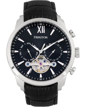 Heritor Arthur Semi-Skeleton Leather-Band Watch W/ Day/Date - Black