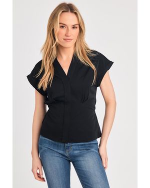 French Connection V-Neck Button Up Short Sleeve Crepe Blouse - Black