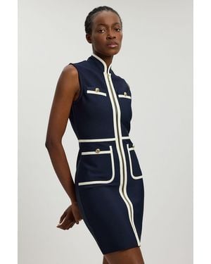 Karen Millen Figure Form Bandage Knit Piping Detail Military Sleeveless Mini Dress - Blue