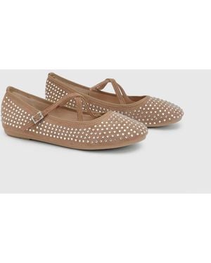 Faith Lucinda Faux Suede Cross Strap Diamante Ballerinas - Green
