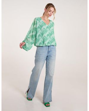 Blue Vanilla V Neck Zig Zag Puffball Top - Green