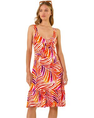 Roman Abstract Print V-Neck Frill Dress - Red