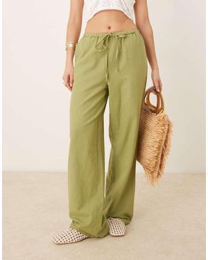 Vila Linen Touch Tie Waist Wide Leg Trouser - Green
