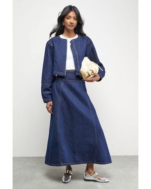 Warehouse Denim Bubble Midi Skirt Dropped Waist Co-Ord - Blue
