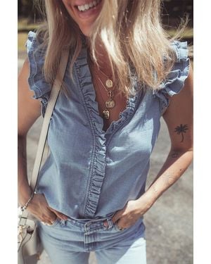 Azura Exchange Beau Blau Franje Rimpel Trim V-hals Chambray Mouwloze Top - Blauw