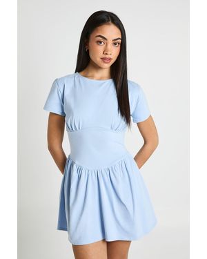 Boohoo Cotton Cinched Waist Cap Sleeve Skater Dress - Blue