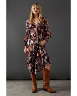 Warehouse Metallic Jacquard Plunge Neck Button Through Midi Dress - Black