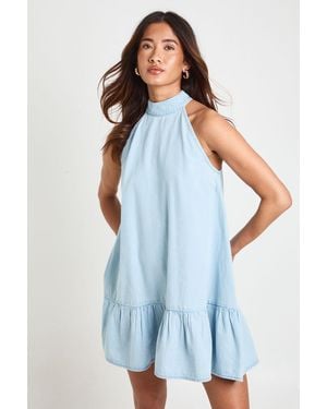 Boohoo Chambray Halter Smock Dress - Blue