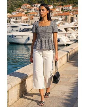 D.u.s.k Gingham Shirred Peplum Top - Grey