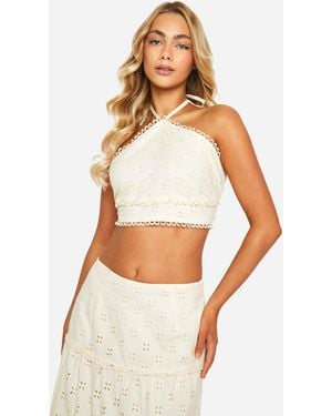 Boohoo Broderie Tie Back Crop Top - White