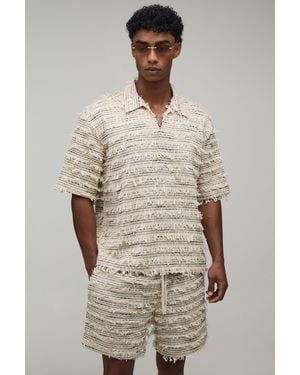 BoohooMAN Textured Cotton Deep V Neck Oversized Shirt & Relaxed Short Set - Natural