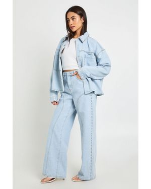 Boohoo High Waist Studded Western Straight Leg Jean - Blue