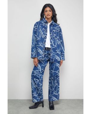 Warehouse Tony Printed Wide Leg Denim Jean Co-Ord - Blue