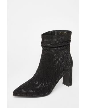 Quiz Wide Fit Diamante Heeled Boot - Black