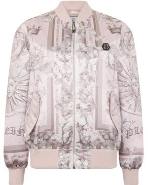 Philipp Plein Oversized Satin Bomber Butterfly Tattoo - Roze