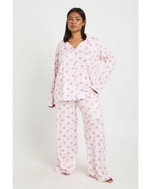 Boohoo Plus Martinis Print Long Sleeve Shirt & Trouser Pyjama Set - Pink