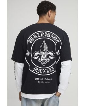 BoohooMAN Oversized Worldwide Graphic Faux Layer Heavyweight T-Shirt - Grey