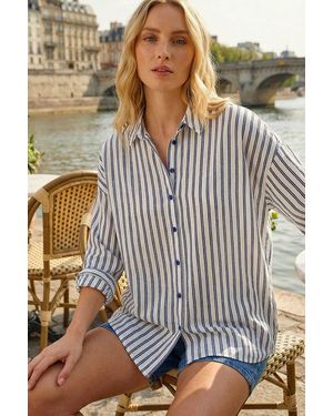 Roman Stripe Print Button Blouse - Blue