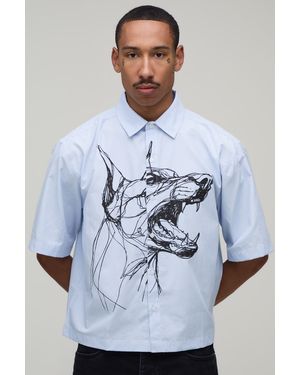 BoohooMAN Oversized Boxy Half Sleeve Print Stripe Shirt - Blue